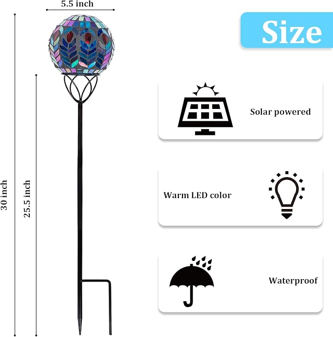 Solar Outdoor Decorative Light, Mosaic Ball Stake for Yard Decor, 6" | 6" Crackle Glass Sphere Mosaic Glass Ball Stake, Waterproof Design & Solar Lights for Lawn, Yard & Pathway Decor, Multi