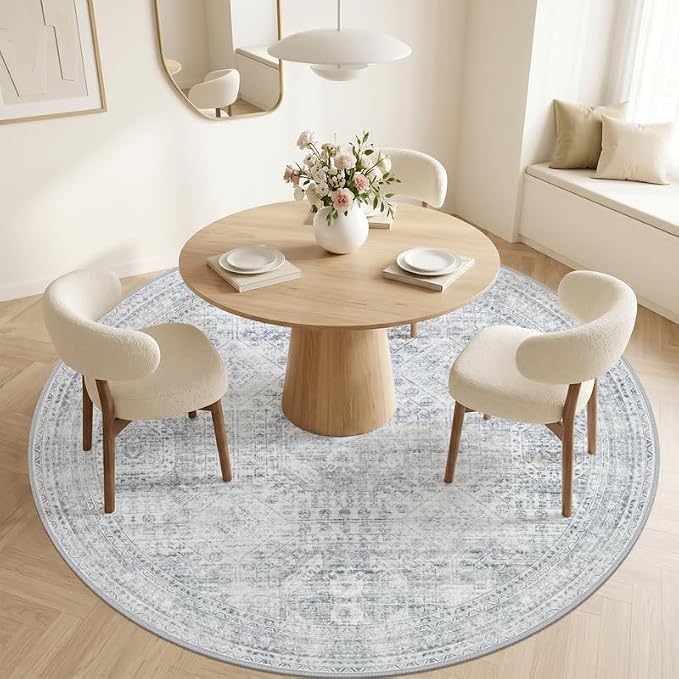 Round Area Rug Living Room: 6ft Neutral Washable Carpet Rug Gray | Vintage Boho Circle Soft Large Circular Carpet Bedroom Nursery Farmhouse Dining Room Indoor Decor Floor Non-Slip Under Table