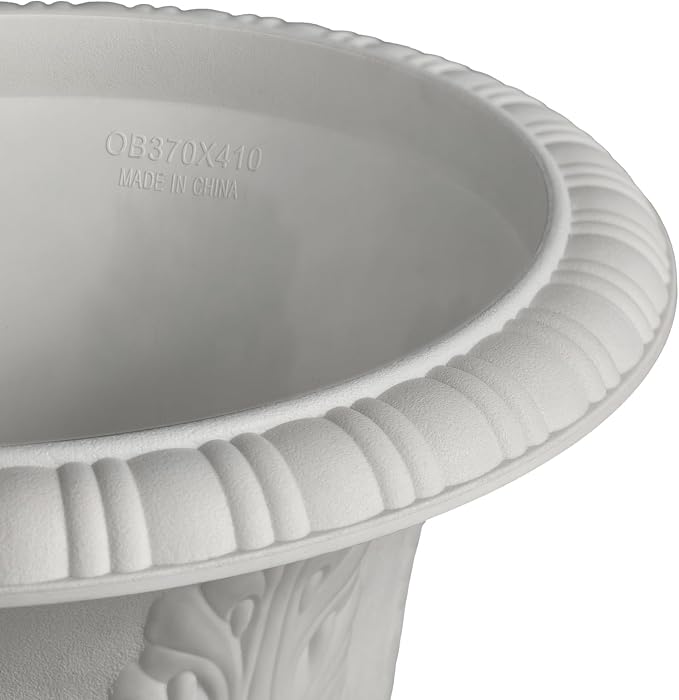 Set of 2 Goblet-Shaped Plastic Planter Urns, White, Diameter 14.6" Large | OUMUHE elegant plastic flower pots with secure buckle base & porous drainage for outdoor porch plants, 16" H × 14.5" D