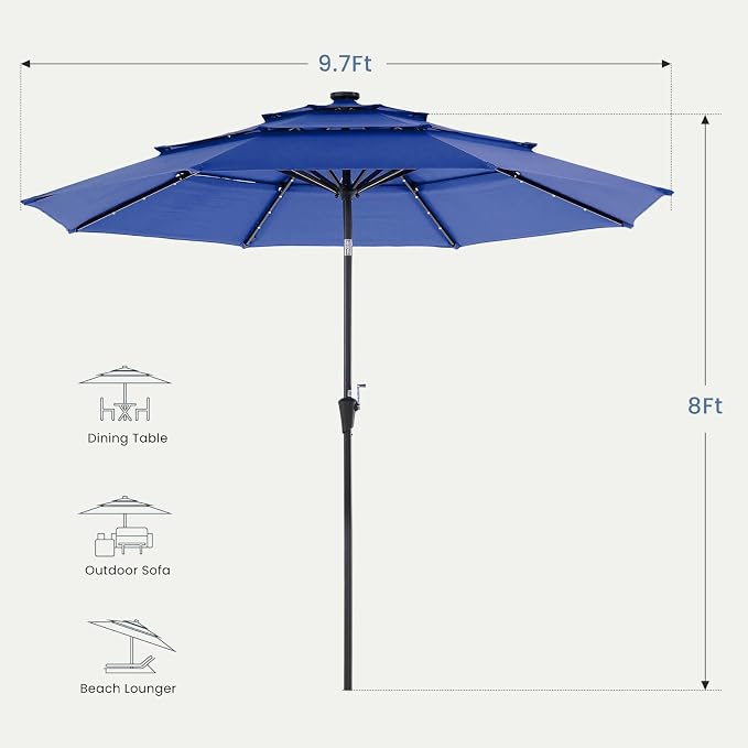 DUMOS Outdoor Solar Patio Umbrella 3 Tiers with 32 LED Lights, Beach Market Table Umbrella with Crank and 8 Sturdy Ribs for Pool, Terrace, Restaurant