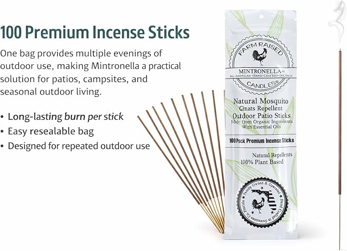 Mintronella USA Made Citronella & Peppermint Mosquito Repellent Incense Sticks – 100 Pack – Natural Bug & Insect Repellent – Outdoor Camping, Patio Decor – No‑See‑Um & Gnats, Fly