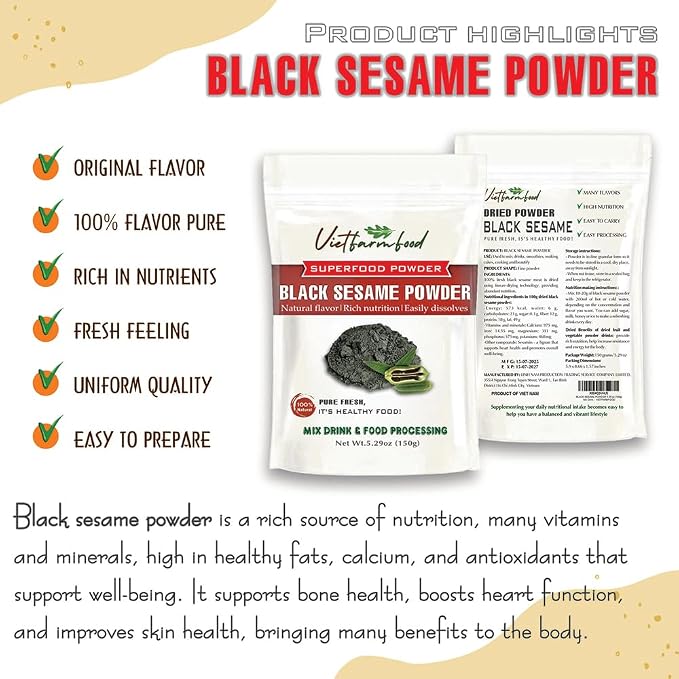 BLACK SESAME POWDER 5.29 oz (150g) VIETFARMFOOD: Pure freeze-dried vegetable powder, made from real vegetables with no added sugar - Perfect for daily nutrition to keep your body full of vitality