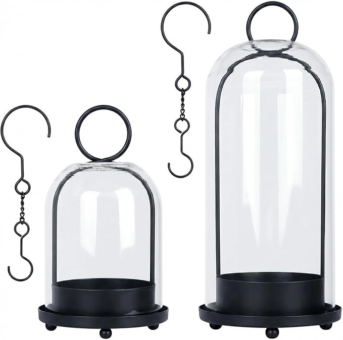Fohil 5" & 4" Hurricane Glass Candle Holders, Set of 2 Metal Candle Holder with Handmade Sturdy Glass Dome, Candle Lantern for Pillar Candles, Plants, Table Centerpiece, Home Decor
