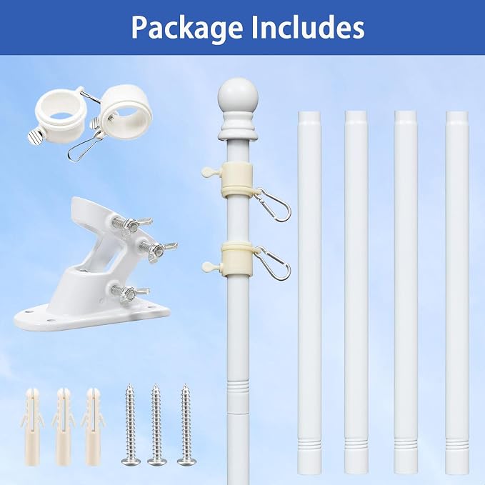 White Flag Pole for House with Holder Bracket,5-6ft Tangle Free Flag Poles for Outside House,Heavy Duty House Flag Pole Kit for 3x5 American Flags, Metal Flagpoles Residential for Outdoor Porch Garage