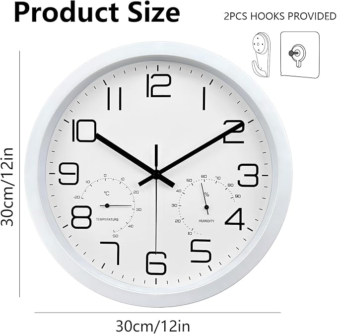12 Inch Wall Clock with Temperature and Humidity, Wall Clocks Battery Operated, Silent Non-Ticking Large Numbers Analog Clock for Bedroom Living Room Office Kitchen Farmhouse Outdoor, White, Celsius