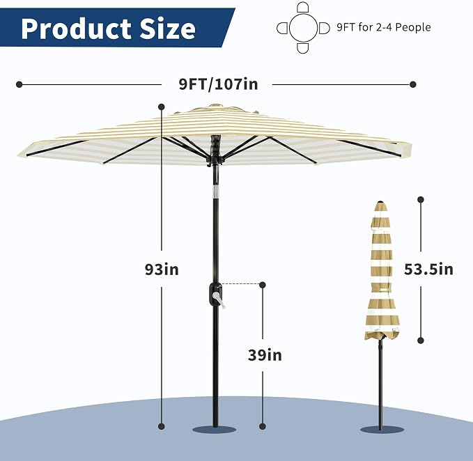 Garvee 9FT Patio Umbrella - Outdoor Table Umbrella with Smooth Crank Lift, Push Button Tilt and 8 Sturdy Ribs - Market Umbrella UV Protection Waterproof for Pool, Deck, Yard, Garden