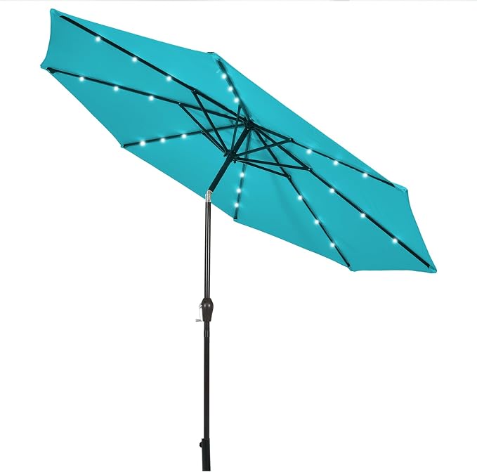 HAPPYGRILL 10FT Patio Umbrella with Lights Outdoor Solar Powered Sunbrella with Tilt Crank Umbrella for Garden Poolside Backyard Beach