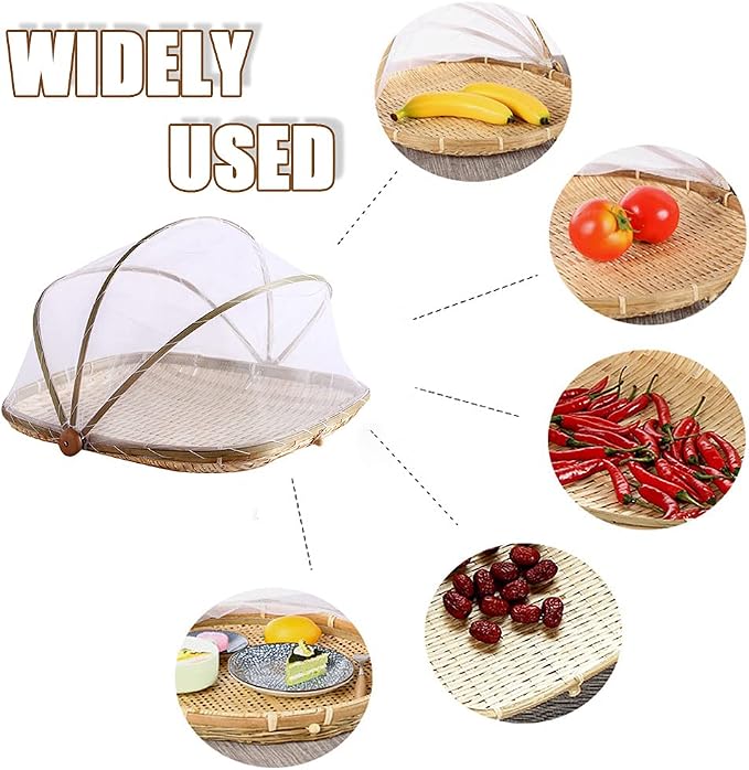 Mwellewm Food Bamboo Food Serving Tent Basket Hand-Woven Basket Serving Dustproof Picnic Basket Vegetable Fruits Bread Home Square Storage Basket with Mesh Gauze Cover Container