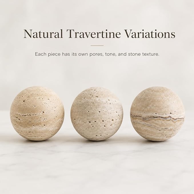 Natural Travertine Decorative Sphere, 3.15 Inch Stone Ball Decor, Hand-Polished Beige Orb Accent for Coffee Table, Shelf, Dresser and Living Room