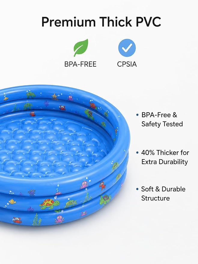 Inflatable Kiddie Pool for Baby with Bubble Bottom, 48"*12", Blue | Toddler Pool with Drain Plug, 3Ring Kids Pool for Summer Play, Flodable,Beach, Backyard, Indoor Ball Pit Play