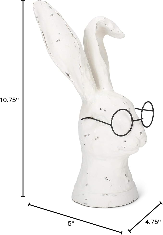 Raz Distressed Rabbit Floppy Ears Round Glasses 11 inch Resin Stone Decorative Figurine