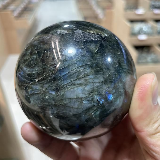 2.4-2.8 inch (6-7 cm) Natural Labradorite Crystal Sphere With Stand, Hand Polished Blue Green Aurora Color Gemstone Ball, Reiki Healing Stone, Feng Shui Home Ornament, Spiritual Meditation Decor