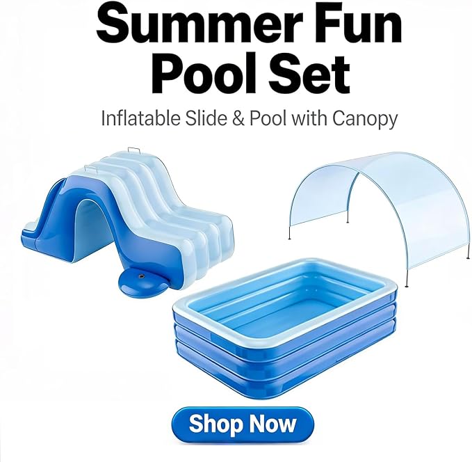 10 FT Inflatable Pool with Water Slide & UV Sun Canopy, 119x68x20 Inch Large Family Blow Up Pool for Kids, Adults & Pets, Heavy Duty PVC for Backyard Summer Water Party
