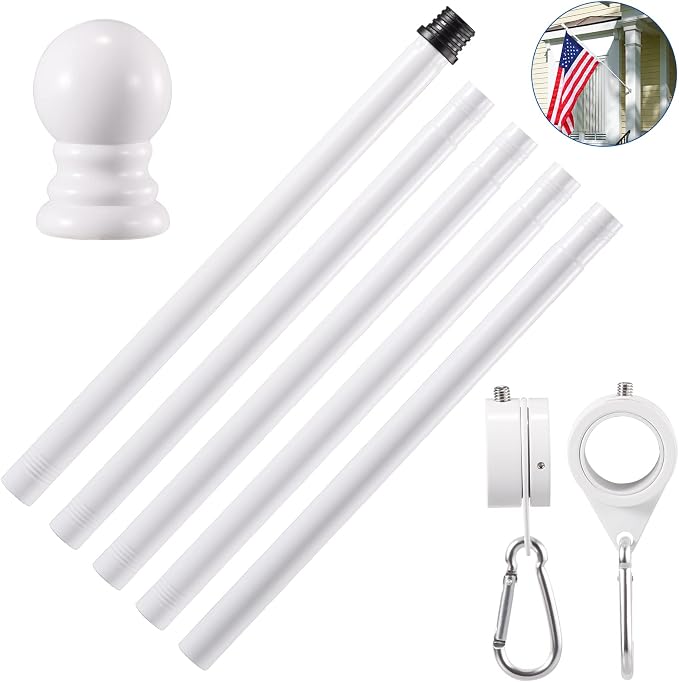 BONWIN White Flag Pole Kit for Outside House, 6 FT Thickened Stainless Steel Wall Mount Flag Pole for 3x5'/ 4x6' American Flag, 1" Anti-Wrap Spinning Flagpole Rings Hardware Kits for Porch Yard