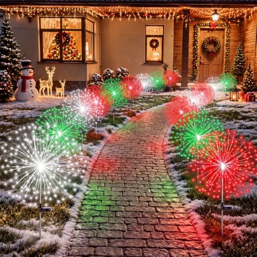 Tujoe 9 Pcs Christmas Solar Firework Stake Lights 180 LED 8 Modes Solar Waterproof LED Sparkler Lights Outdoor Decoration for Garden Patio Yard Pathway Walkway Lawn (Red Green White) by Tujoe