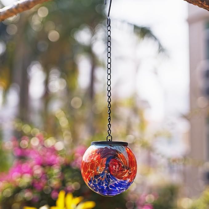 Solar Hanging Lanterns Outdoor, Solar Gazing Ball Lights, Waterproof Hanging Glass Light for Garden Yard Tree Home Xmas Decoration, Blue Splash-Ink