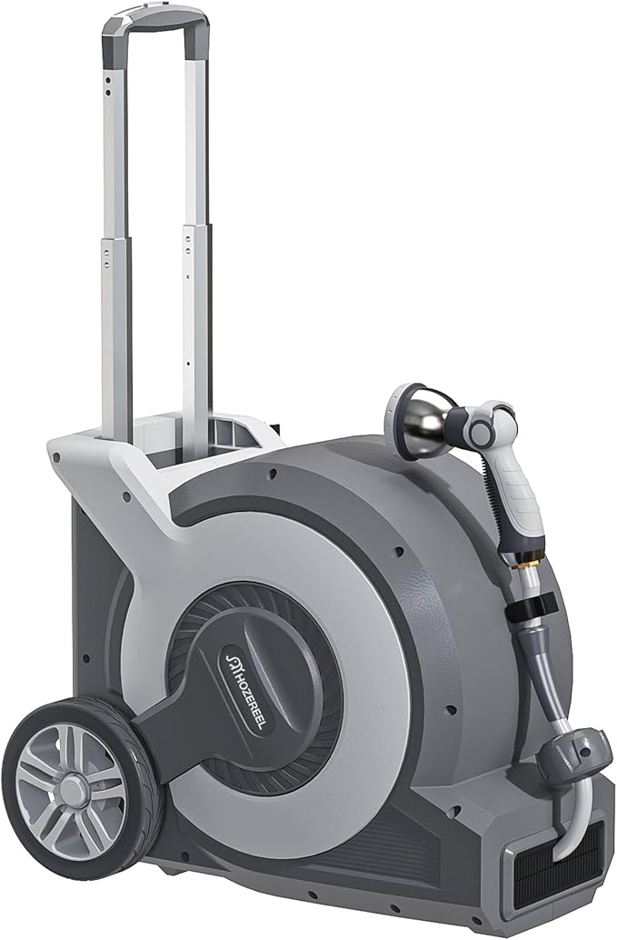 Portable Trolley Cart Retractable Hose Reel by HOZEREEL, All in One Connectable Garden Hose Reels and Enclosed Storage, Self Propelling Hose Reels, 10 Pattern Nozzle, 100FT 1/2" Hose Included