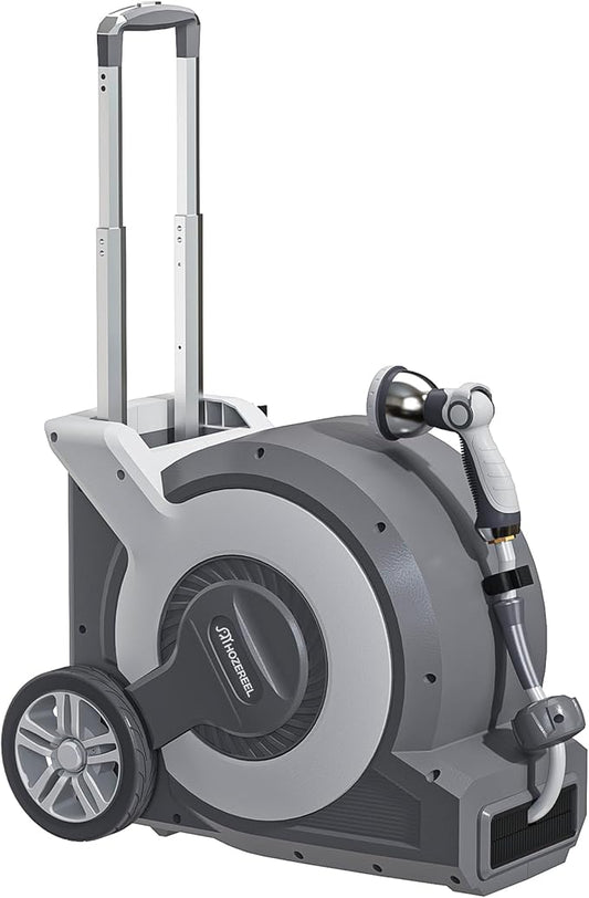 Portable Trolley Cart Retractable Hose Reel by HOZEREEL, All in One Connectable Garden Hose Reels and Enclosed Storage, Self Propelling Hose Reels, 10 Pattern Nozzle, 100FT 1/2" Hose Included