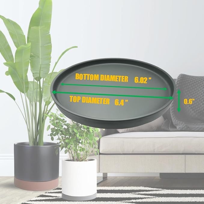 Yukfona Ceramic Plant Saucer Tray 2 Pcs 6.4 Inch Grey, 6.4" OD x6.02 ID x0.9 Deep| Fits Flower pots Bottom≤ 6.02", Heavy Duty Glazed Round Planter Drip with Catch Basin for Indoor Outdoor Plants