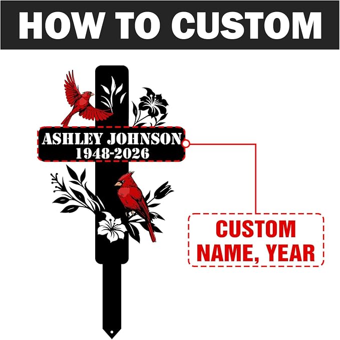 Personalized Cardinal Garden Sign with Stakes, Custom Name Sign, Yard Decor Outdoor, Memorial Gift for Mom, Garden Plaque Sympathy Gifts, loss loved Ones Cross Sign