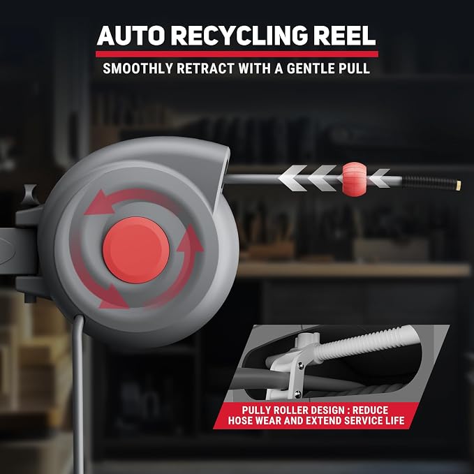 Retractable Air Hose Reel, 3/8" x 65ft Air Hose with Air Blow Gun, Adjustable Length Lock, 180° Rotating Wall Mount Air Tool for Garage and Workshop
