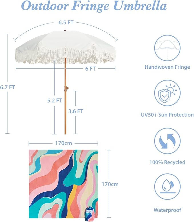 AMMSUN Boho Fringe Umbrella with Beach Blanket, 6.5ft UPF50+ Picnic Umbrella with Tassels with Steel Pole & Push Button Tilt, Antique White