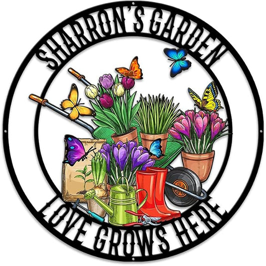 MeMate Flowers Garden Signs Outdoor Decor, Personalized Outdoor Metal Signs, Custom Name Garden Plaques Decoration for Potting Shed, She Shed, Gifts for Gardeners Women Grandma Mom