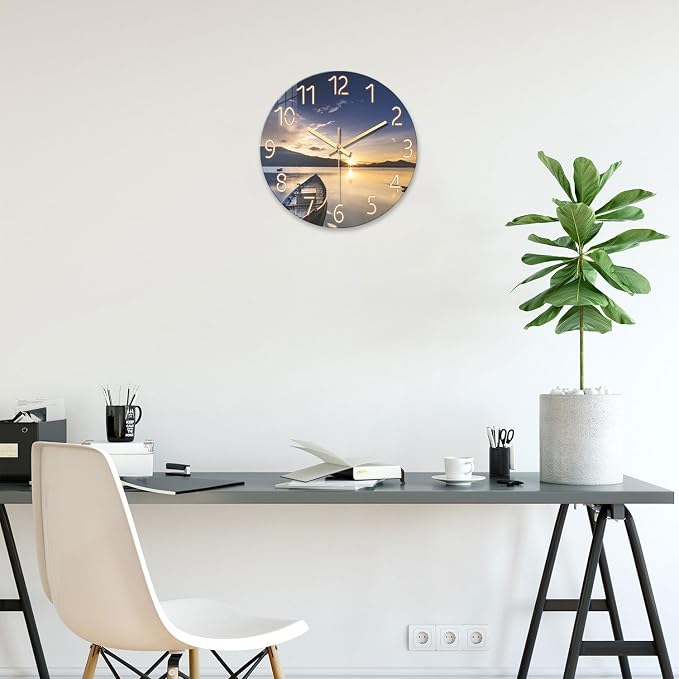 Round Kitchen Wall Clocks Battery Operated 12 Inch | Modern Sunset Decorative Wall Clock for Living Room Bedroom Bathroom Silent Analog Clock for Wall