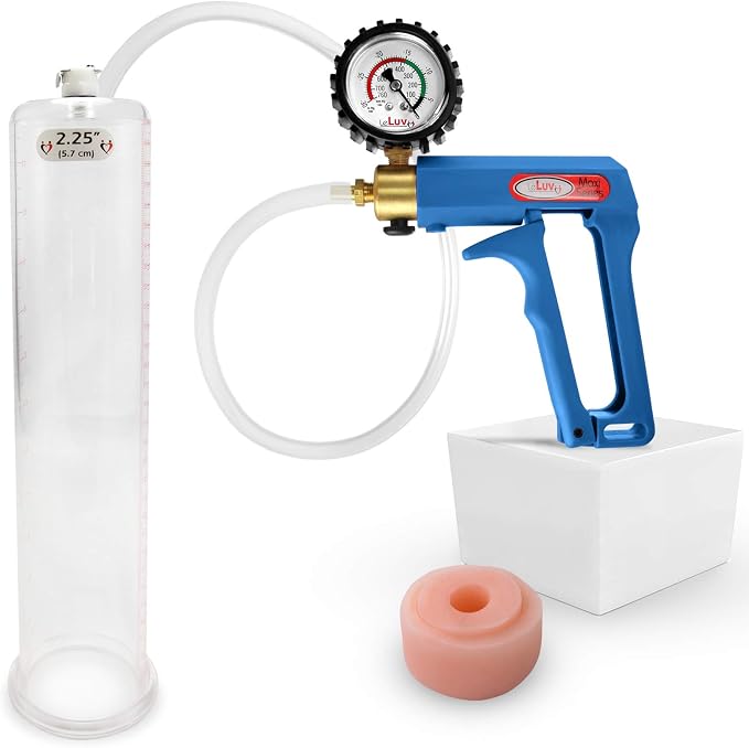 LeLuv Penis Pump Maxi Blue Handle + Protected Gauge - Bundle with Clear Hose, Silicone Donut Seal - 12 inch Length x 2.25 inch Diameter Cylinder
