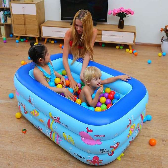 Inflatable Kiddie Pool, 51" x 33" x 21" Higher Kids Swimming Pool for Indoor or Outdoor, Ocean World Inflatable Bathtub with Inflatable Soft Floor, Ball Pit Pool
