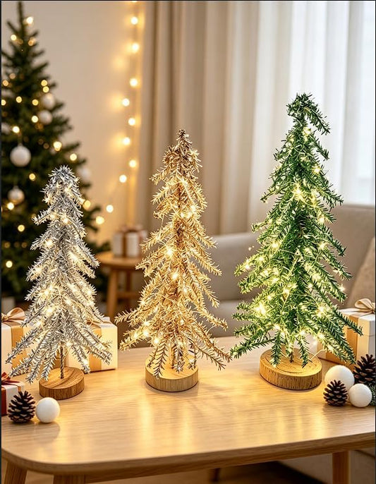 3 Pcs Mini Christmas Tree with Lights, Artificial Bottle Brush Trees with Wooden Bases Christmas Table Decor Small Trees with LED Light String for Decorations (3 Color) by Unknown