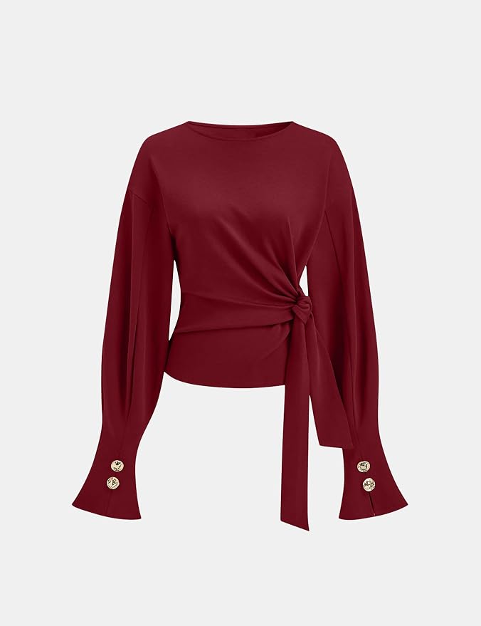 Dsewpaur Twist Knot Tie Front Sweatshirt Tops For Women Long Balloon Sleeve Crew Neck Pullover Casual Fall Outfits