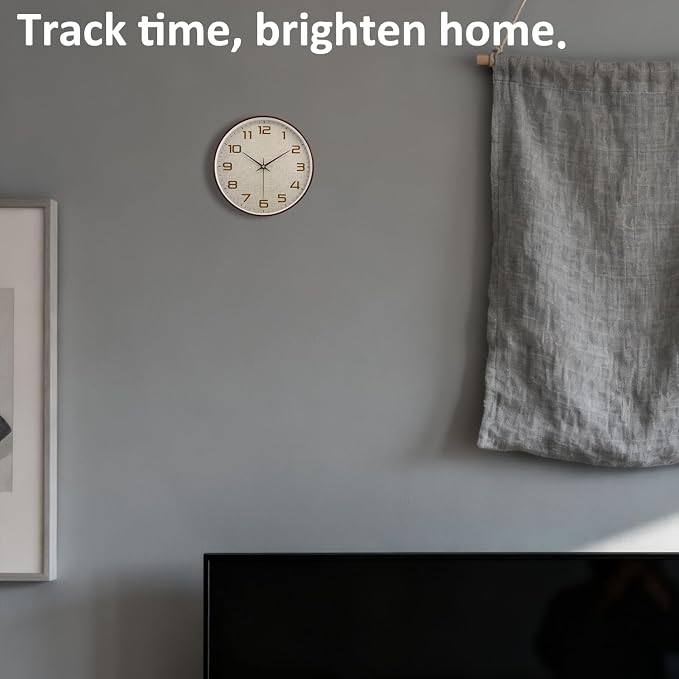 Woodgrain Wall Clock, Silent Non-Ticking Wall Clocks Battery Operated 8 Inch, Linen Texture Large Easy-to-Read Numbers Modern Analog Clock for Bedroom Living Room Kitchen Office Gym, Brown