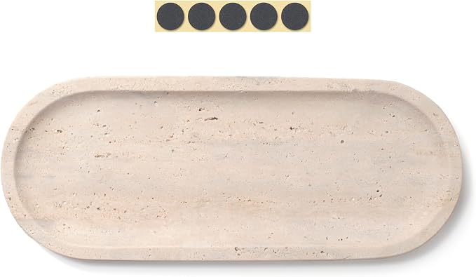 Oval Travertine Stone Tray for Jewelry, Candles, Perfume, Decorative Marble Bathroom Tray for Countertop Organizer 9.8inch x 3.9inch x 0.7inch