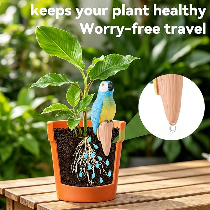 Yeswhat Self Watering Plant Spikes 4 Pack, Terracotta Parrot Automatic Plant Waterer for Indoor Outdoor Plants, Slow Release Watering Stakes, Vacation Plant Watering Devices for Potted Plants Garden