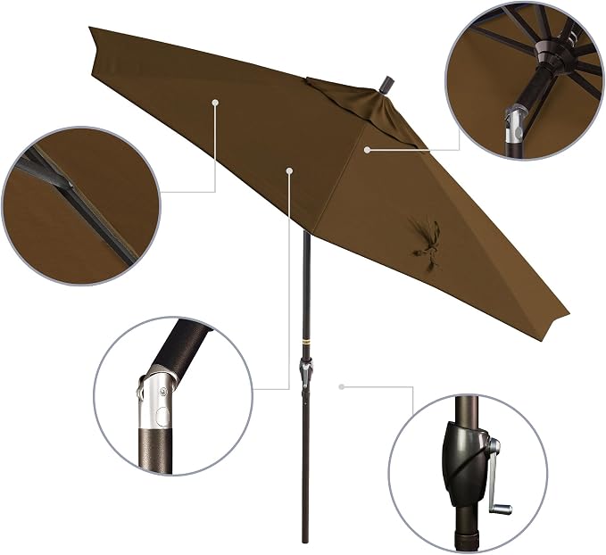 California Umbrella 9' Round Aluminum Market Umbrella, Crank Lift, Push Button Tilt, Bronze Pole