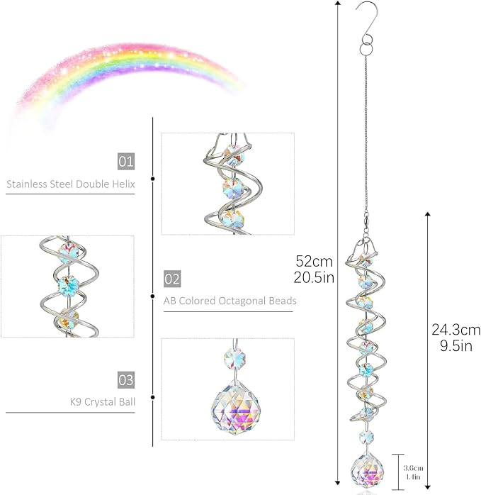 20.5in Crystal Suncatcher Gazing Ball Spiral Wind Spinner Garden Decor | Colorful Crystal Sun Catcher with Octagonal Beads Spiral Tail Rainbow Maker Hanging for Indoor Outdoor Garden Patio Decor