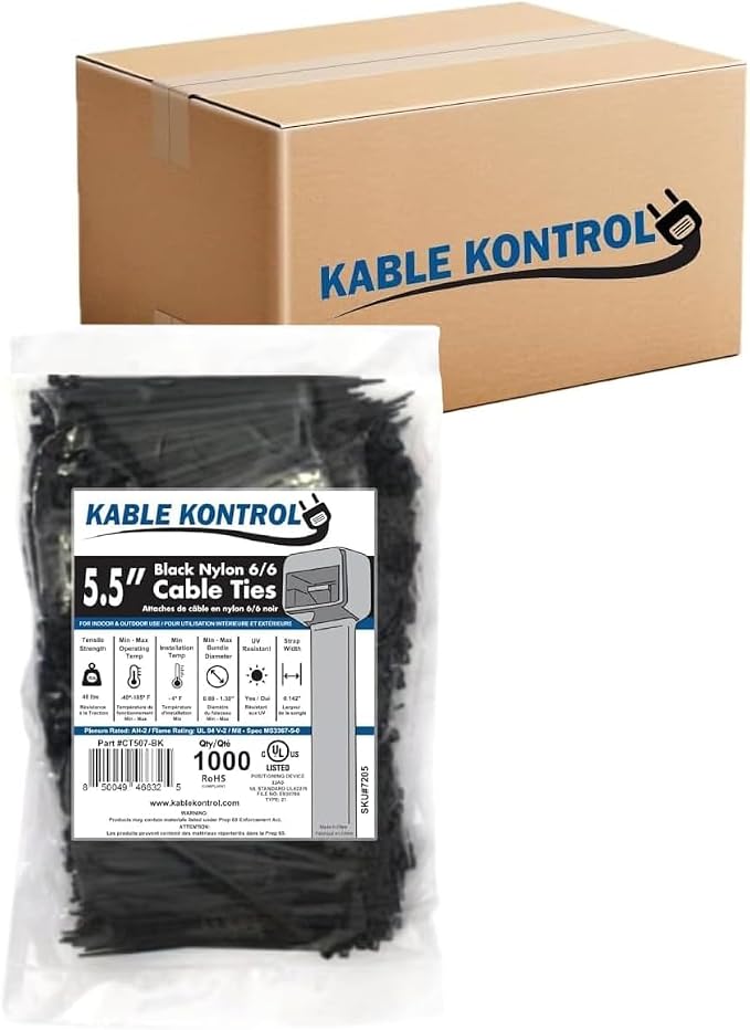 Kable Kontrol Cable Zip Ties Black 24,000 Pcs 5.5 Inch, 40 Lbs Tensile Strength, Bulk Pack, Self-Locking UV Resistant Plastic Nylon Wire Ties, for Indoor or Outdoor Use