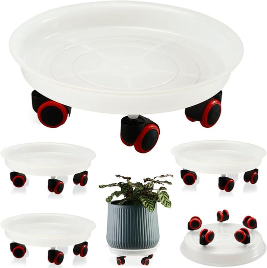 4 Packs 15.7 Inches Extra-Large Plant Caddy Plant Saucers on Wheels Rolling Plant Stands Heavy-duty Plant Dolly Plastic Planter Roller Base Pot Movers Outdoor Plant Tray Coaster, Clear white