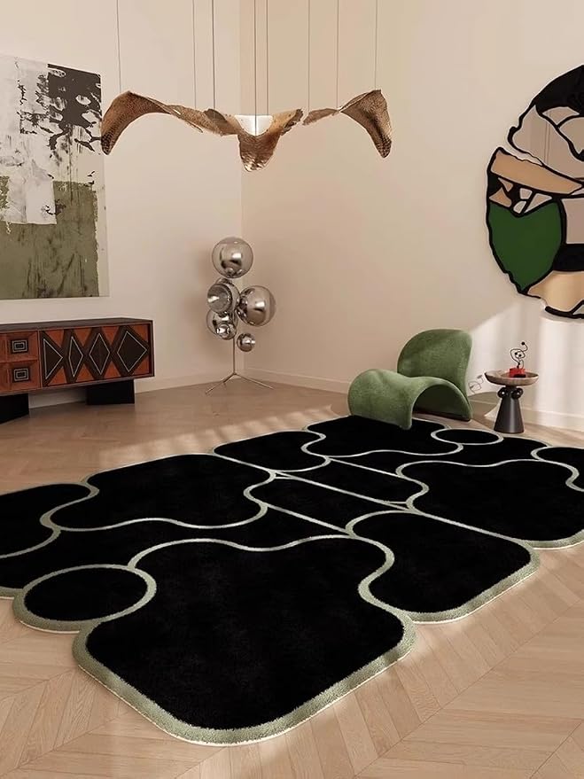 Minimalist Abstract Splicing Pattern Geometric Black Green Asymmetrical Rug 7x10 Faux Wool Thin Non Slip Durable Easy Care Home Deco Irregular Rugs for Living Room Bedroom Dining Room Nursery
