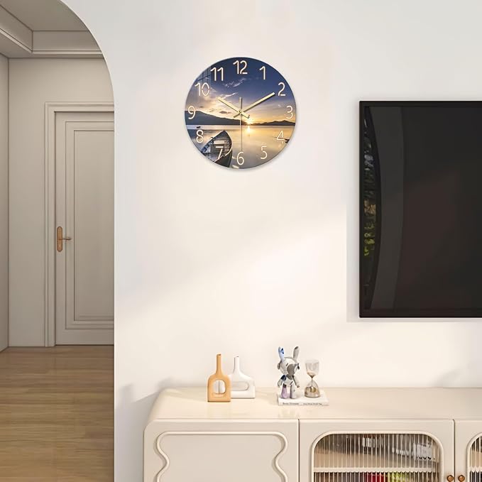 Round Kitchen Wall Clocks Battery Operated 12 Inch | Modern Sunset Decorative Wall Clock for Living Room Bedroom Bathroom Silent Analog Clock for Wall