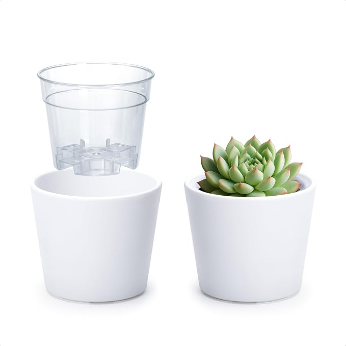 Phoenix Vine 3.5 Inch White Plastic Cachepot with Clear Nursery Pot, Decorative Lightweight Planter Cover with Transparent Inner Pot for Indoor Houseplants, Pack of 2, 24-A-D-2
