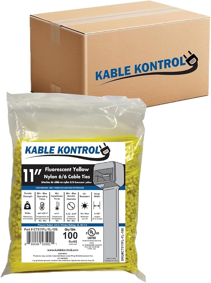 Kable Kontrol Fluorescent Yellow Zip Ties 11 Inch 8,500 Pcs, 50 Lbs Tensile Strength, Bulk Pack, Self-locking Nylon Colored Cable Ties Wire Wraps for Indoor or Outdoor Use
