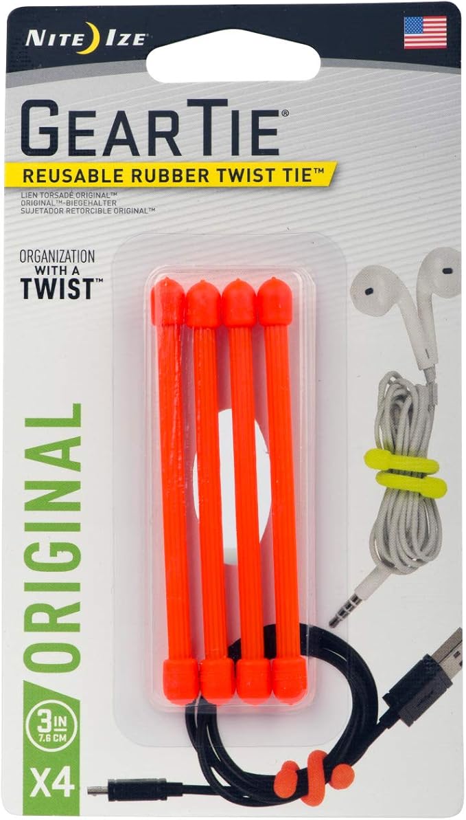 Nite Ize Gear Tie Cordable, The Orginal Reusable Rubber Twist Tie, 4 Pack, Made in the USA & GT3-4PK-31 Original Gear Rubber Twist Tie, 3" - 4-Pack, Bright Orange, 4 Count