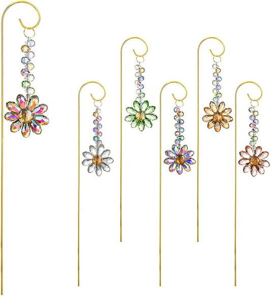 H&D HYALINE & DORA 6 Pcs Colorful Crystal Sunflower Suncatcher Plant Stake Plant Stake with Golden Small Trellis Indoor Outdoor Garden Sun Catchers Decor