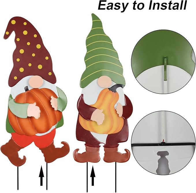 Fall Decorations for Home Outdoor, 2 Pack 25" Decorative Garden Stakes with Gnomes Pumpkin for Fall Decor, Metal Yard Signs for Outside Garden Lawn Porch Patio Thanksgiving Decorations