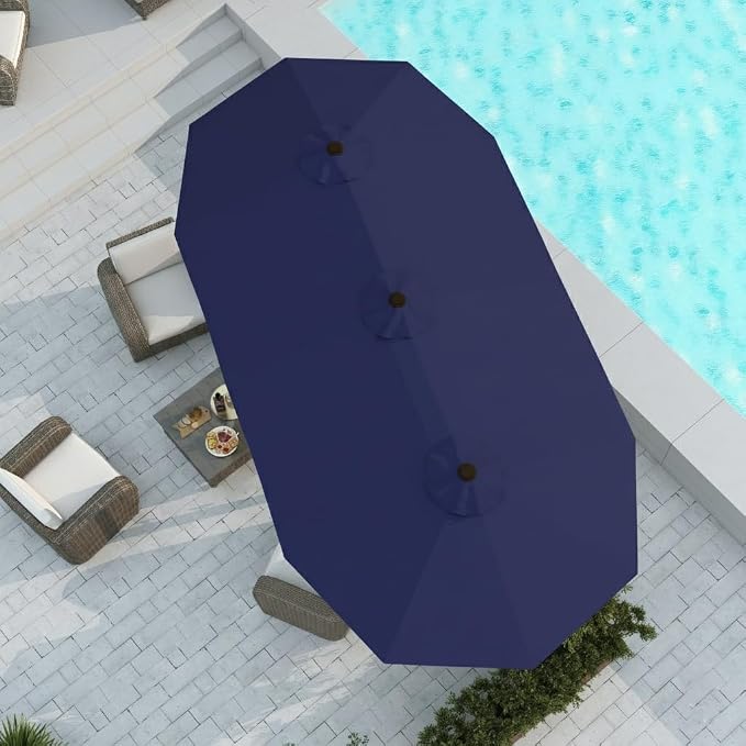 15FT Large Patio Umbrella with Base Included, Double Sided Outdoor Market Umbrella with Flexible Fiberglass Ribs, UV-Blocking Extra Large Umbrella for Garden, Pool, Deck, Navy Blue