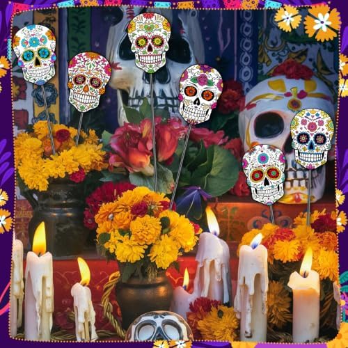 6 Pcs 12 Inch Day of The Dead Sugar Skull Halloween Garden Stakes - Image 3