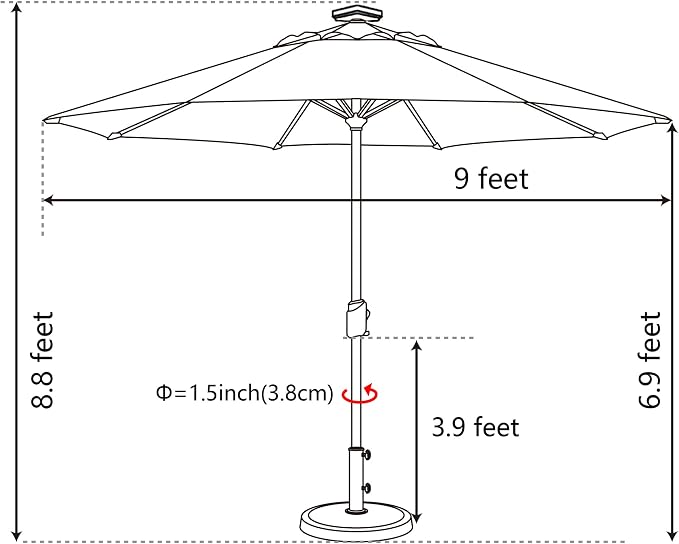 EliteShade USA 10-Year-Non-Fading 9ft Market Patio Umbrella, Commercial Grade Table Sun Umbrella with 80 Solar LED Lights, Crank Open, Windproof & UPF 50+ UV Protection for Garden, Deck, Pool, Backyard, Logo Red