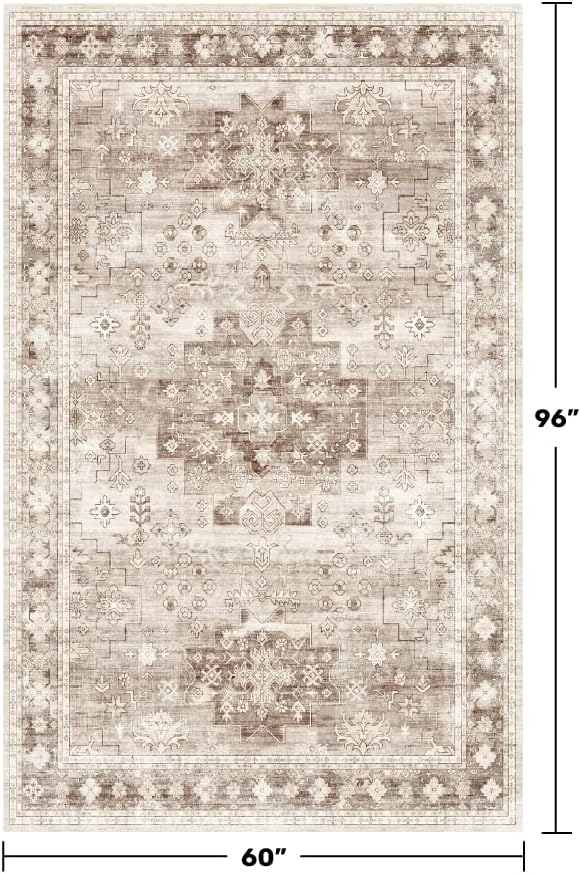 Washable Neutral Farmhouse Living Room Rug, 5x8 Area Rugs for Bedroom Under Bed, Nursery Room, Boho Vintage Floral Non-Slip Rug Low Pile Stain Resistant (5x8 Beige/Latte)